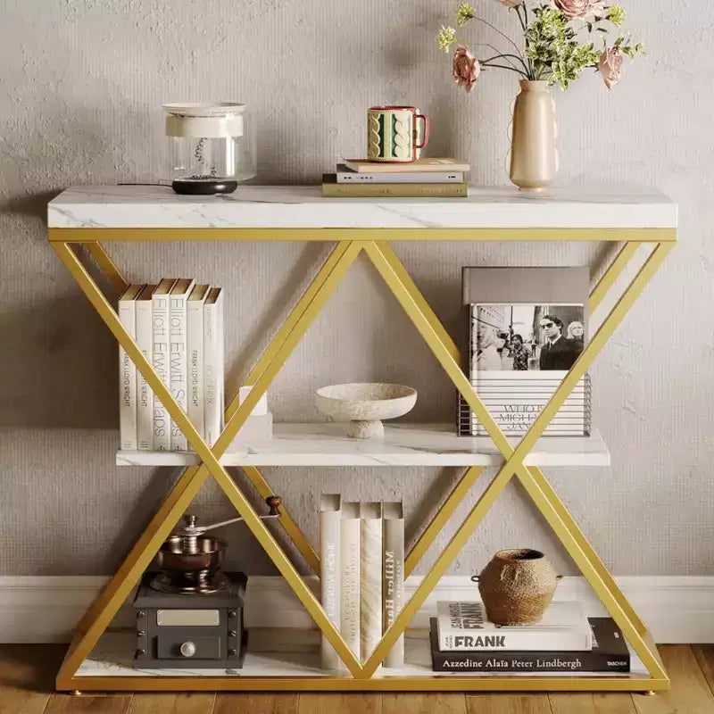 3-Tier Entryway Table with X-Shaped Metal Frame and Open Shelves