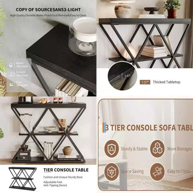 3-Tier Entryway Table with X-Shaped Metal Frame and Open Shelves
