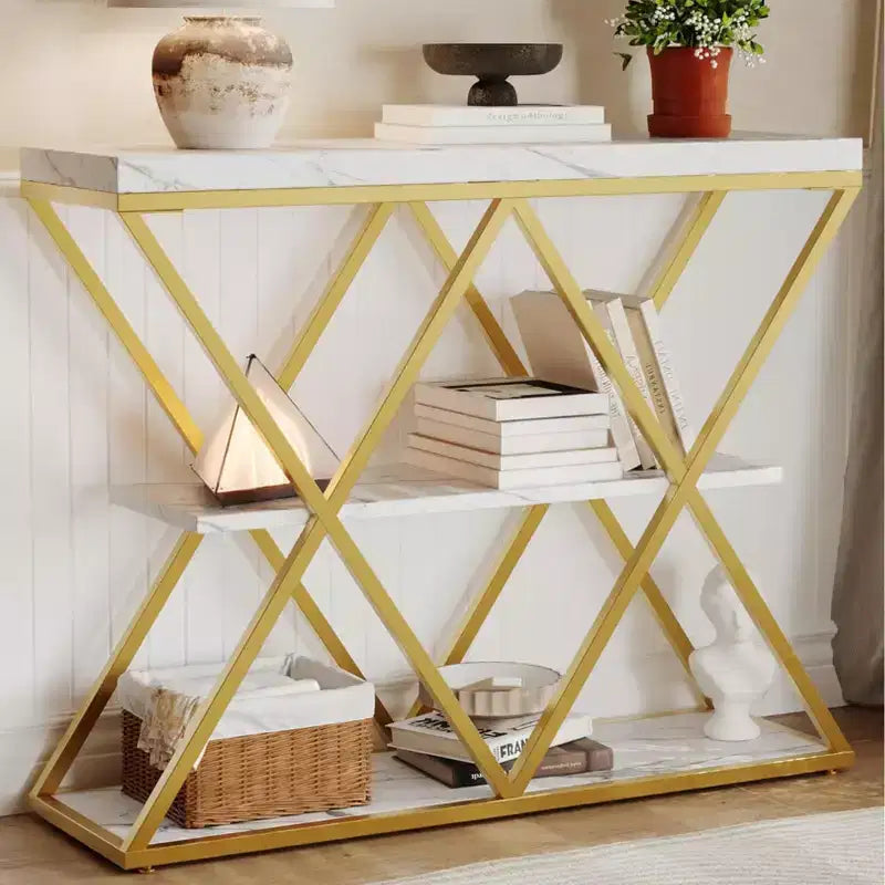 3-Tier Entryway Table with X-Shaped Metal Frame and Open Shelves