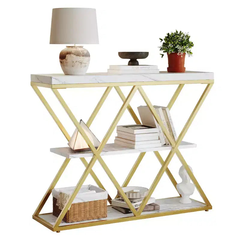 3-Tier Entryway Table with X-Shaped Metal Frame and Open Shelves