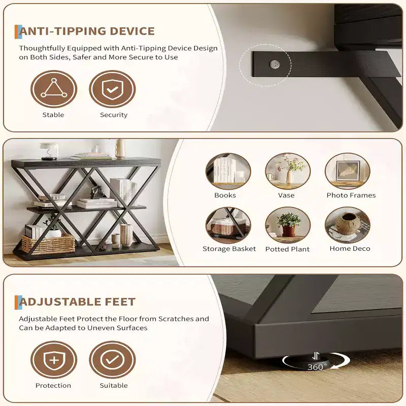 3-Tier Entryway Table with X-Shaped Metal Frame and Open Shelves