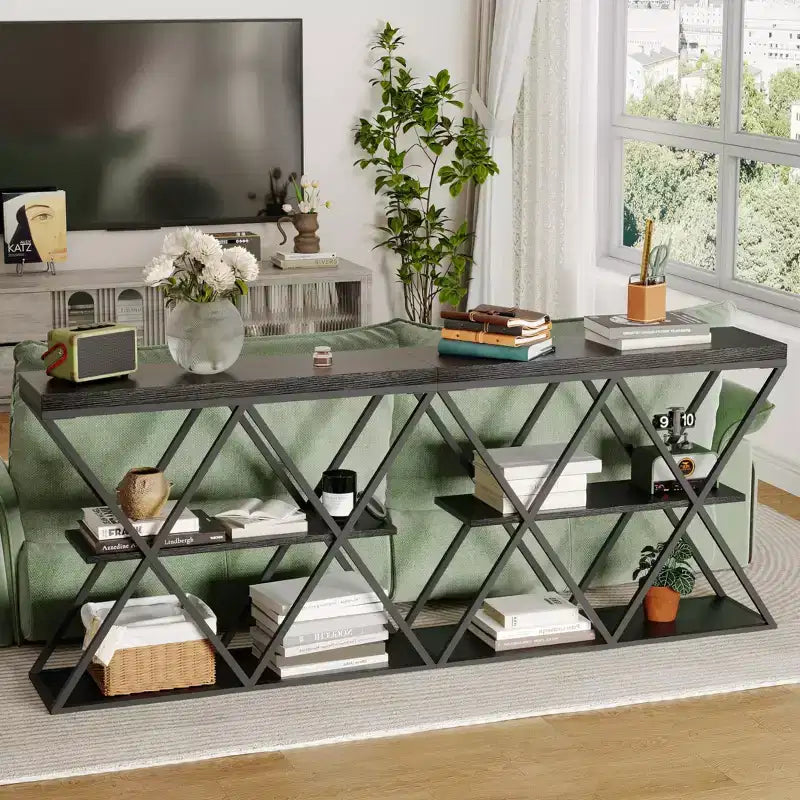 3-Tier Entryway Table with X-Shaped Metal Frame and Open Shelves