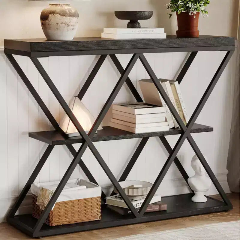 3-Tier Entryway Table with X-Shaped Metal Frame and Open Shelves
