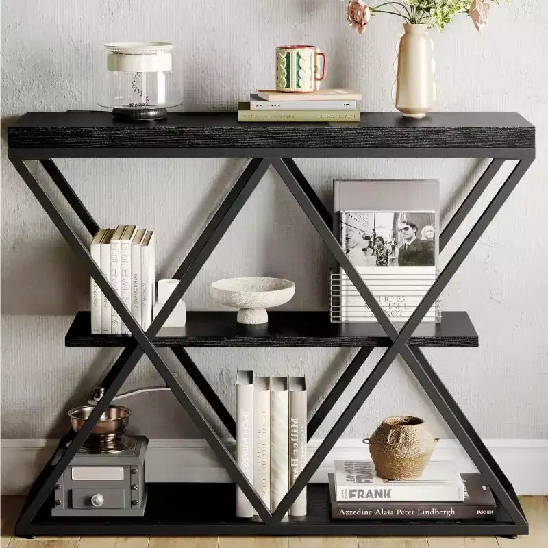 3-Tier Entryway Table with X-Shaped Metal Frame and Open Shelves