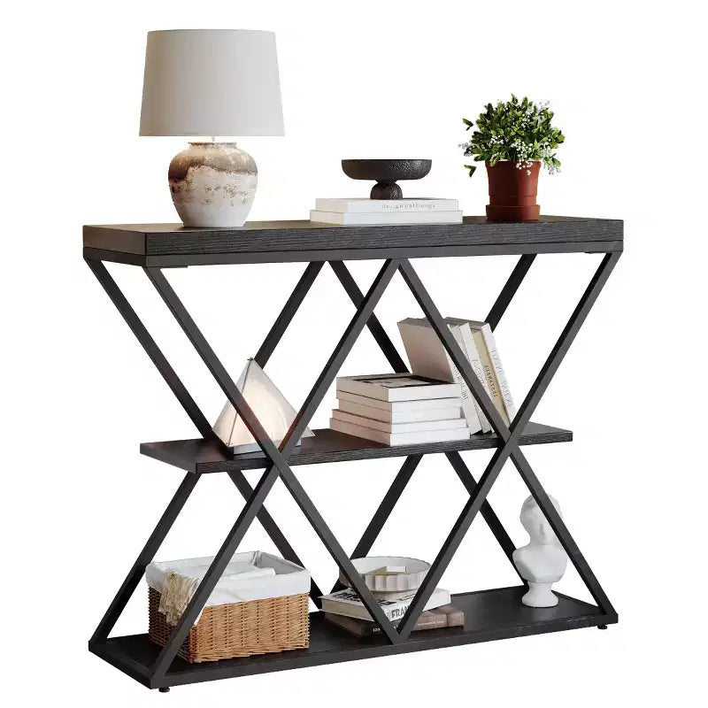 3-Tier Entryway Table with X-Shaped Metal Frame and Open Shelves