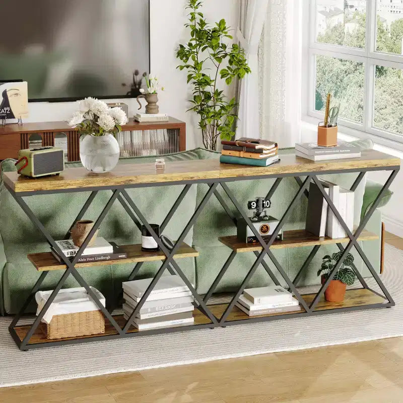 3-Tier Entryway Table with X-Shaped Metal Frame and Open Shelves