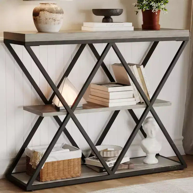 3-Tier Entryway Table with X-Shaped Metal Frame and Open Shelves