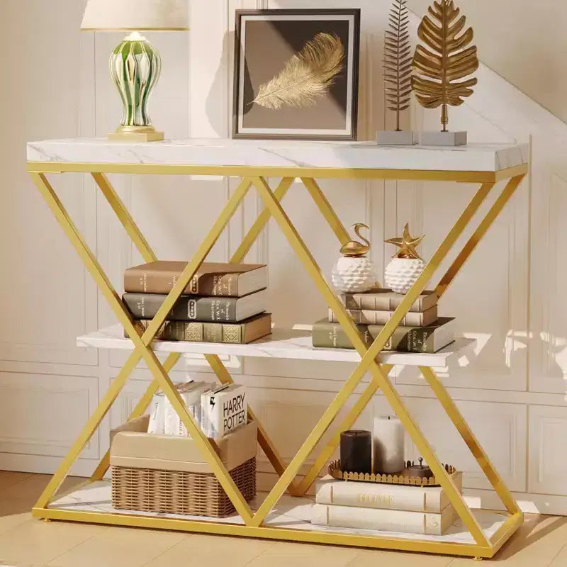 3-Tier Entryway Table with X-Shaped Metal Frame and Open Shelves