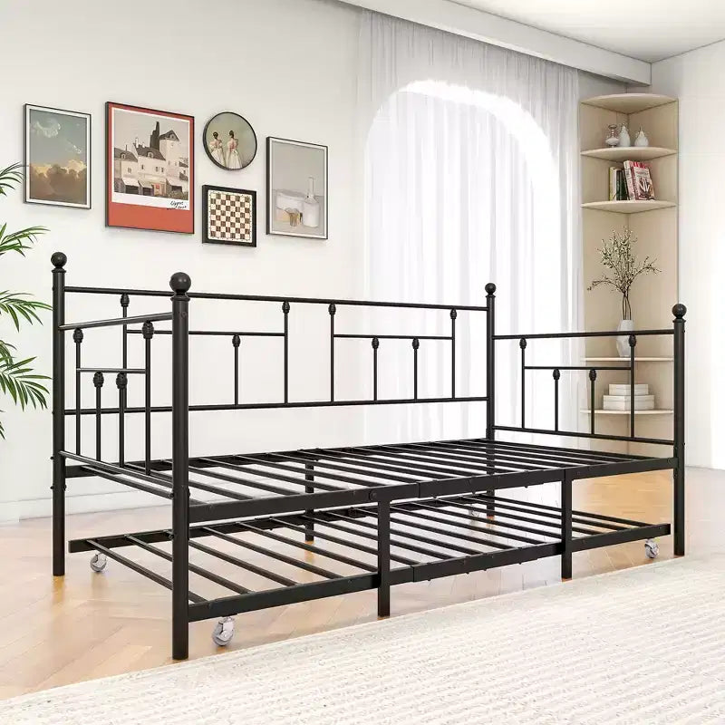 Twin Size Metal Daybed with Trundle, 2-in-1 Sofa Bed, Space-Saving for Guest Room & Living Room, Black