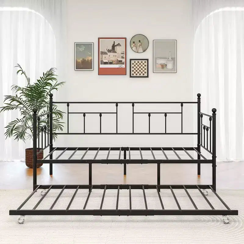 Twin Size Metal Daybed with Trundle, 2-in-1 Sofa Bed, Space-Saving for Guest Room & Living Room, Black