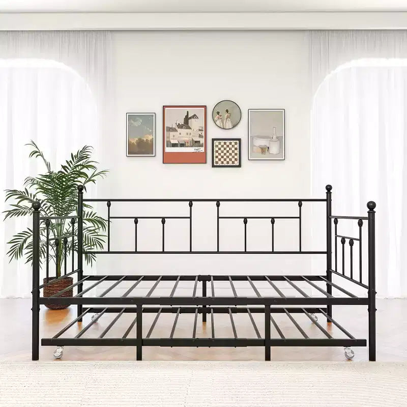 Twin Size Metal Daybed with Trundle, 2-in-1 Sofa Bed, Space-Saving for Guest Room & Living Room, Black