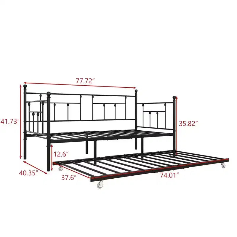 Twin Size Metal Daybed with Trundle, 2-in-1 Sofa Bed, Space-Saving for Guest Room & Living Room, Black