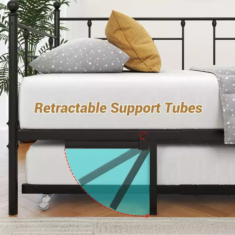 Twin Size Metal Daybed with Trundle, 2-in-1 Sofa Bed, Space-Saving for Guest Room & Living Room, Black
