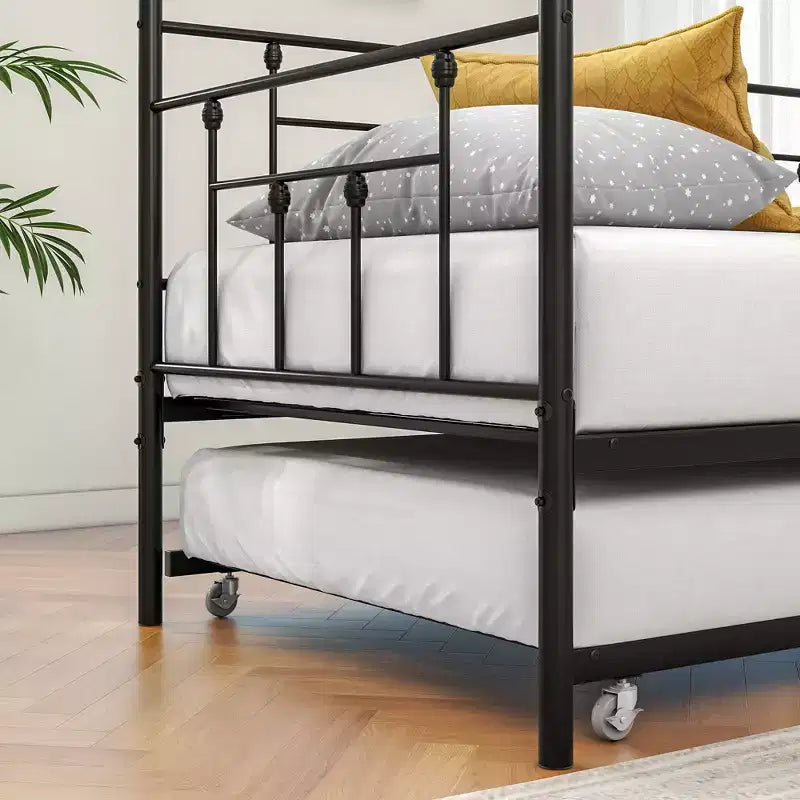 Twin Size Metal Daybed with Trundle, 2-in-1 Sofa Bed, Space-Saving for Guest Room & Living Room, Black