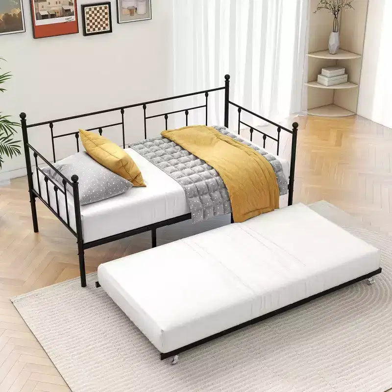 Twin Size Metal Daybed with Trundle, 2-in-1 Sofa Bed, Space-Saving for Guest Room & Living Room, Black