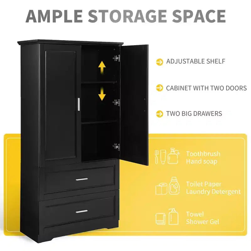 Modern Tall Freestanding Wood Bathroom Storage Cabinet with Adjustable Shelf, Drawers and Doors