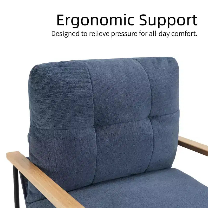 Modern Accent Chair with Removable Cushion, Wooden Armrests, Blue