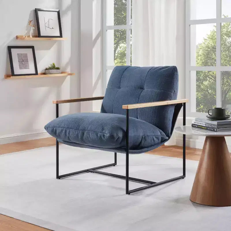 Modern Accent Chair with Removable Cushion, Wooden Armrests, Blue