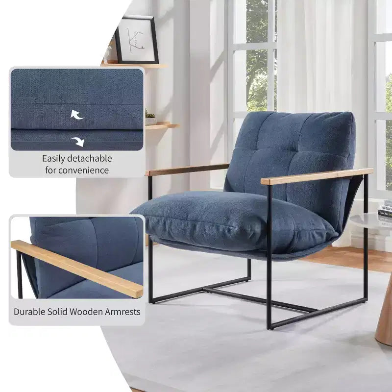 Modern Accent Chair with Removable Cushion, Wooden Armrests, Blue