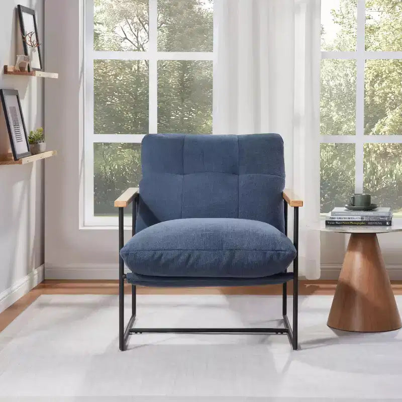 Modern Accent Chair with Removable Cushion, Wooden Armrests, Blue