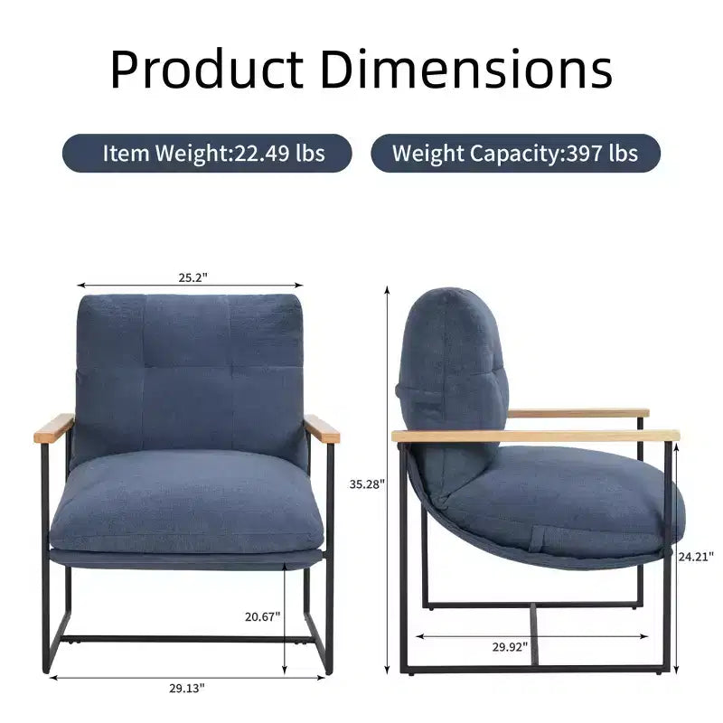 Modern Accent Chair with Removable Cushion, Wooden Armrests, Blue