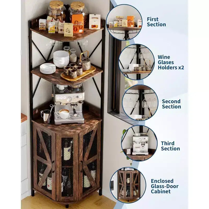 4-Tier Corner Storage Shelf, Freestanding Foldable Cabinet, Industrial Metal and Wood Rack for Small Spaces