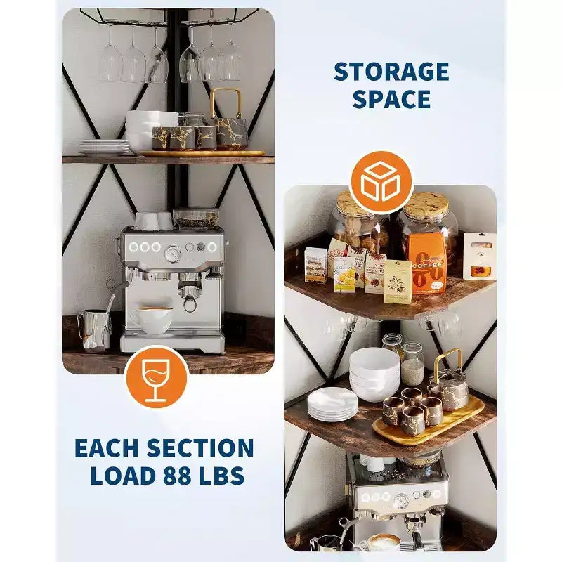 4-Tier Corner Storage Shelf, Freestanding Foldable Cabinet, Industrial Metal and Wood Rack for Small Spaces