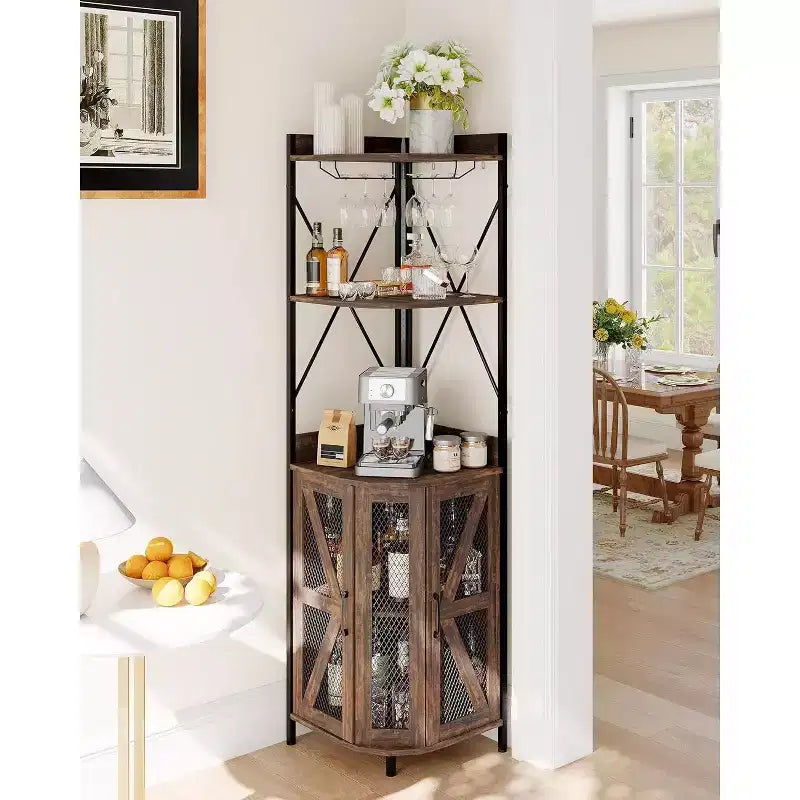 4-Tier Corner Storage Shelf, Freestanding Foldable Cabinet, Industrial Metal and Wood Rack for Small Spaces