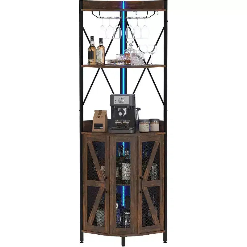 4-Tier Corner Storage Shelf, Freestanding Foldable Cabinet, Industrial Metal and Wood Rack for Small Spaces