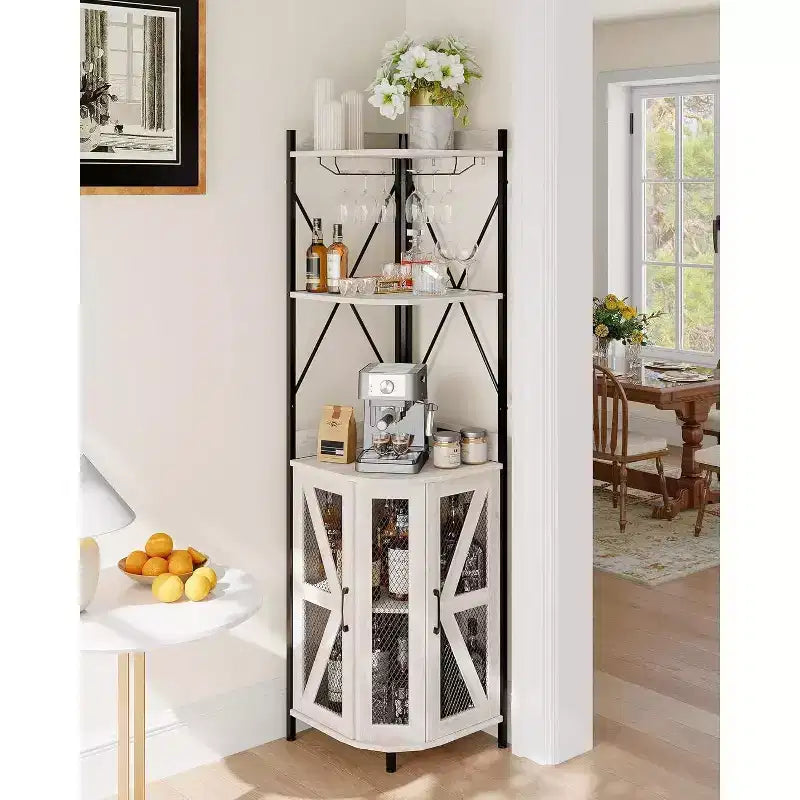 4-Tier Corner Storage Shelf, Freestanding Foldable Cabinet, Industrial Metal and Wood Rack for Small Spaces