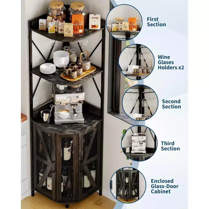 4-Tier Corner Storage Shelf, Freestanding Foldable Cabinet, Industrial Metal and Wood Rack for Small Spaces