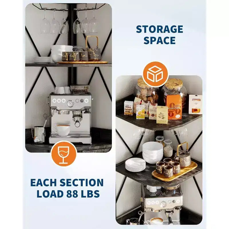 4-Tier Corner Storage Shelf, Freestanding Foldable Cabinet, Industrial Metal and Wood Rack for Small Spaces