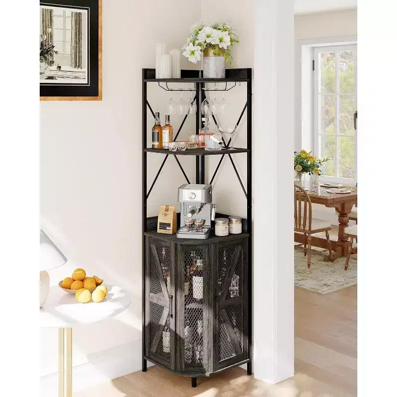 4-Tier Corner Storage Shelf, Freestanding Foldable Cabinet, Industrial Metal and Wood Rack for Small Spaces