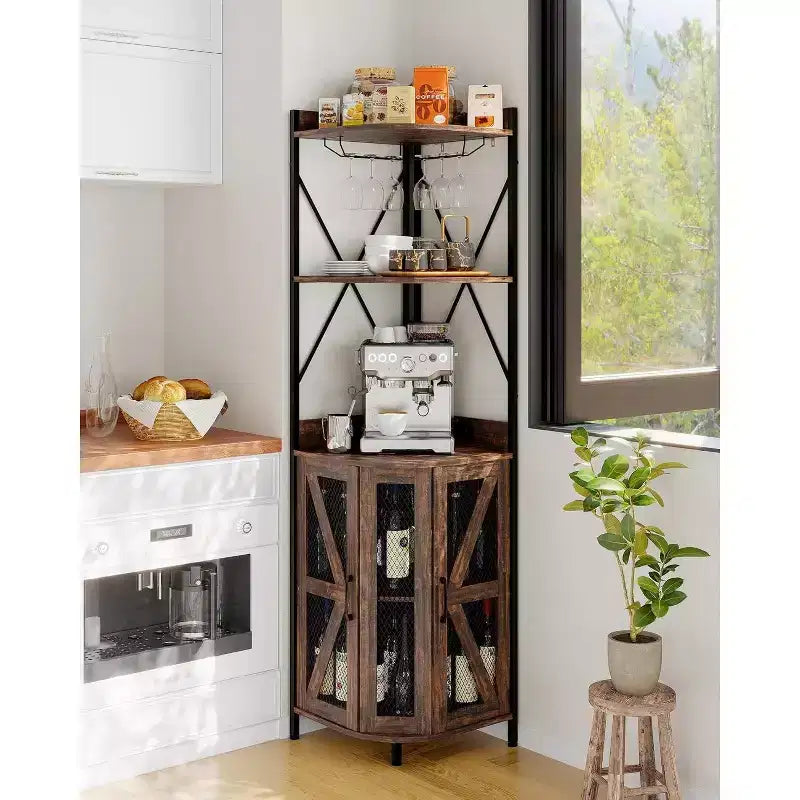 4-Tier Corner Storage Shelf, Freestanding Foldable Cabinet, Industrial Metal and Wood Rack for Small Spaces