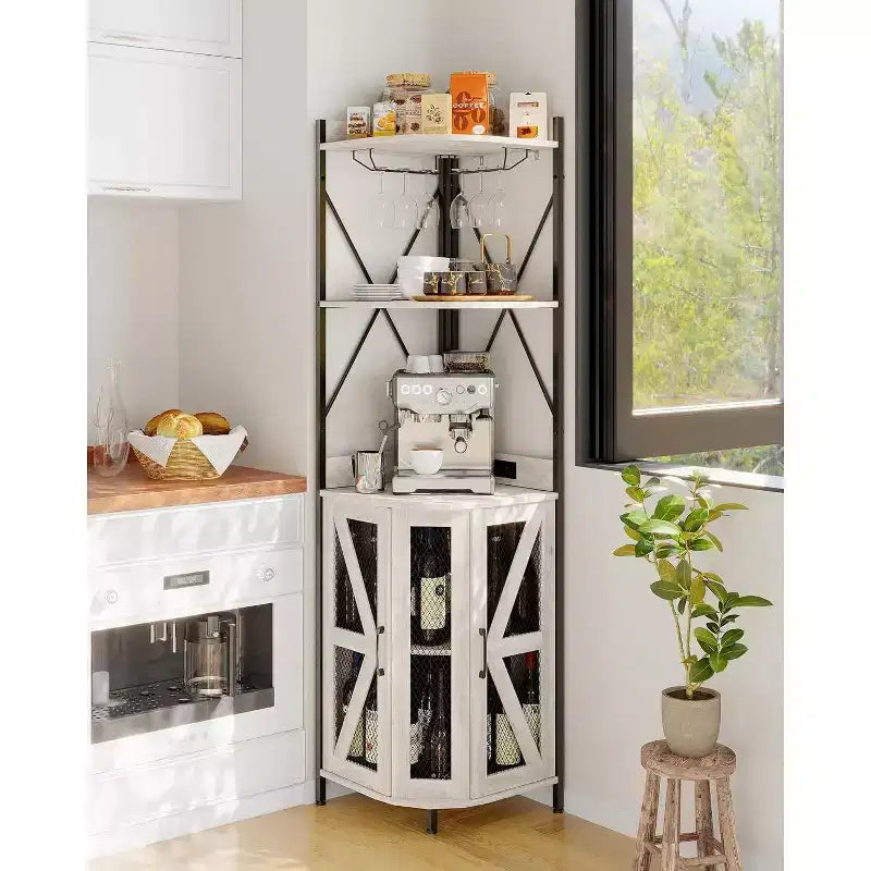 4-Tier Corner Storage Shelf, Freestanding Foldable Cabinet, Industrial Metal and Wood Rack for Small Spaces