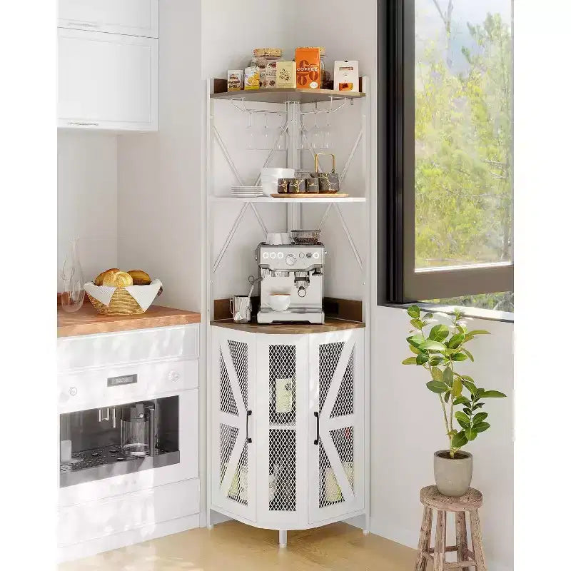 4-Tier Corner Storage Shelf, Freestanding Foldable Cabinet, Industrial Metal and Wood Rack for Small Spaces