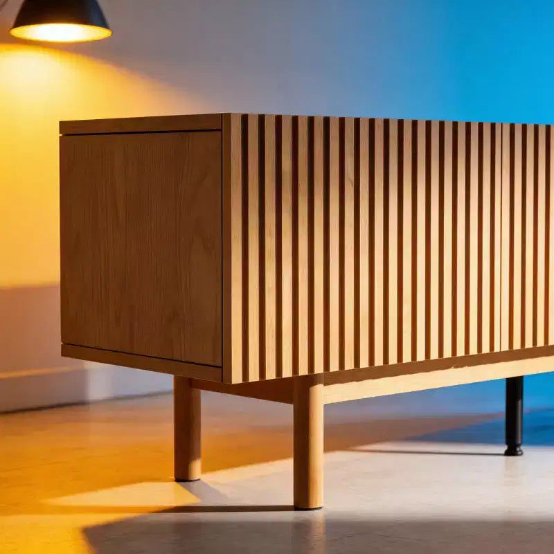 Fluted Media Console TV Stand with Layered Storage, Removable Shelves & Solid Wood Legs