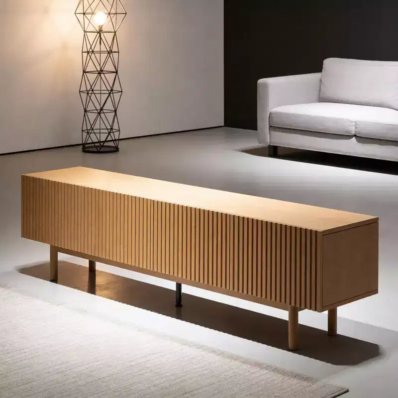 Fluted Media Console TV Stand with Layered Storage, Removable Shelves & Solid Wood Legs