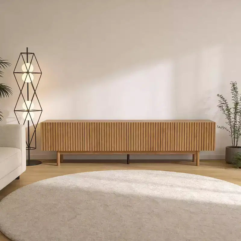 Fluted Media Console TV Stand with Layered Storage, Removable Shelves & Solid Wood Legs