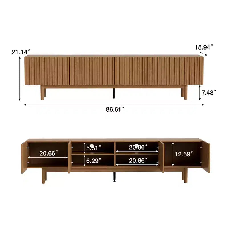 Fluted Media Console TV Stand with Layered Storage, Removable Shelves & Solid Wood Legs