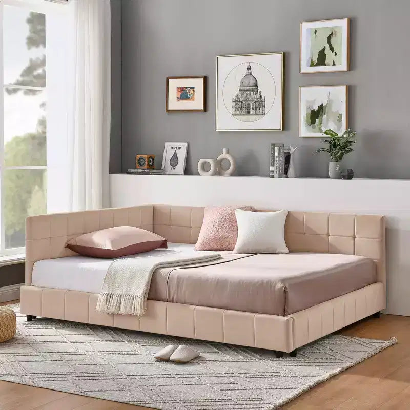 Full Size Upholstered Tufted Bed Frame with Backrest and Armrest - Pink