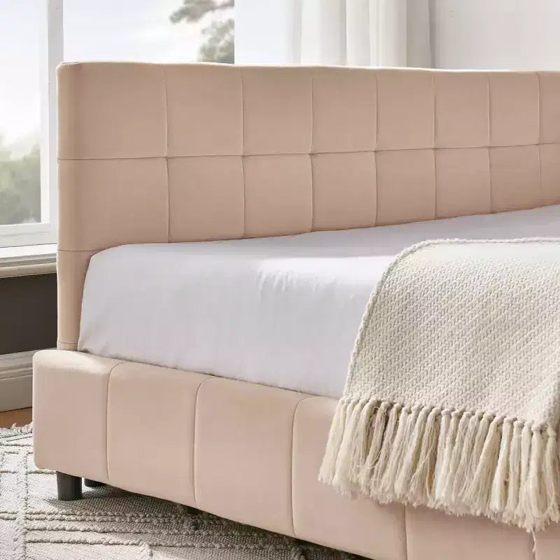 Full Size Upholstered Tufted Bed Frame with Backrest and Armrest - Pink
