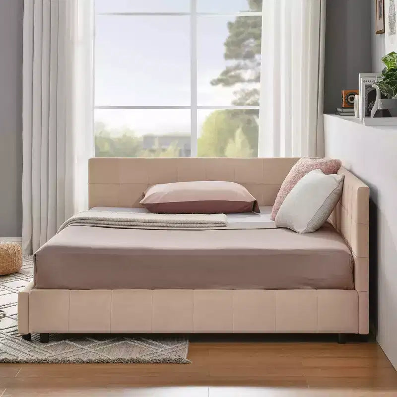 Full Size Upholstered Tufted Bed Frame with Backrest and Armrest - Pink