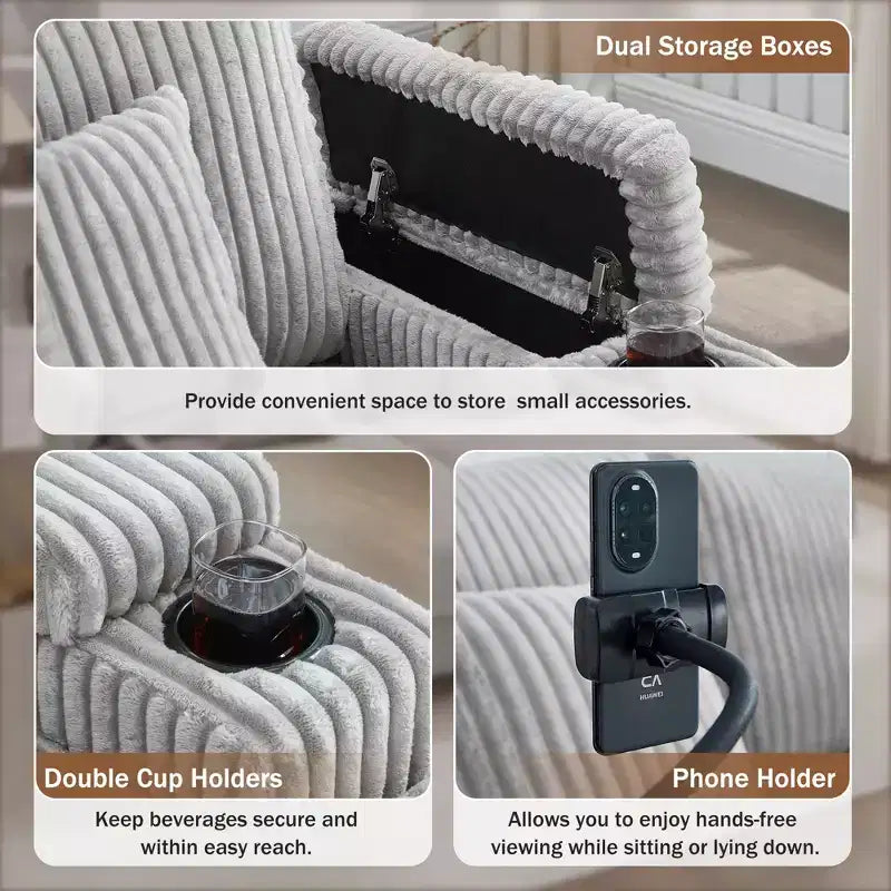 Chaise Lounge Sofa with Built-In Storage, Cup Holders & Phone Holder