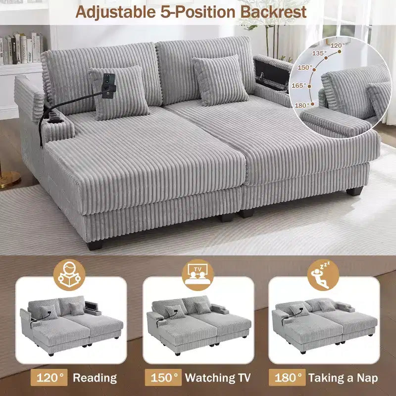 Chaise Lounge Sofa with Built-In Storage, Cup Holders & Phone Holder