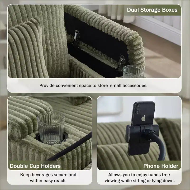Chaise Lounge Sofa with Built-In Storage, Cup Holders & Phone Holder