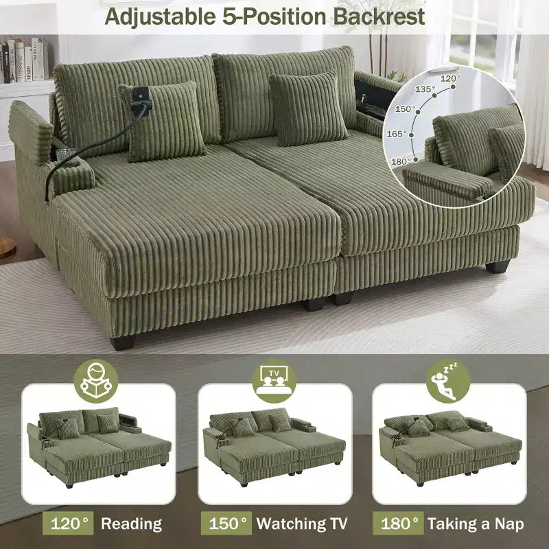 Chaise Lounge Sofa with Built-In Storage, Cup Holders & Phone Holder