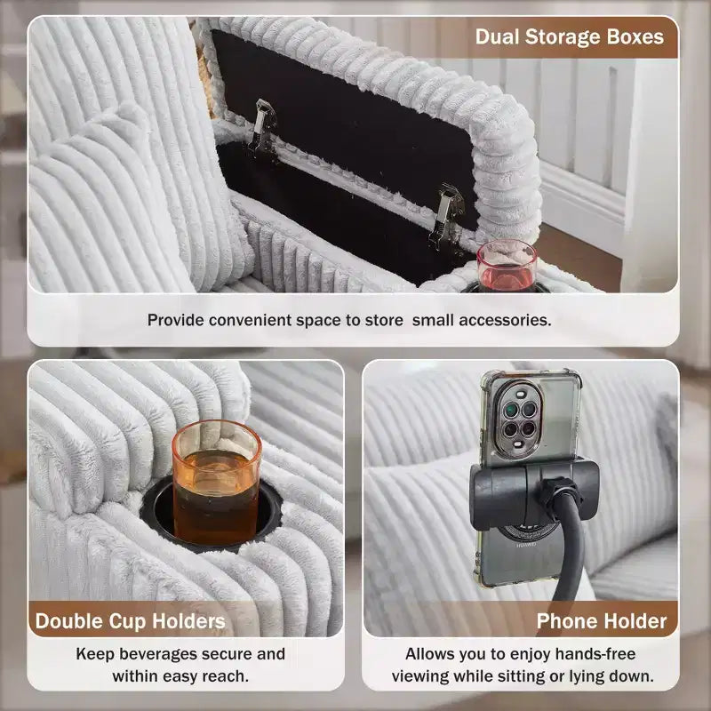 Chaise Lounge Sofa with Built-In Storage, Cup Holders & Phone Holder