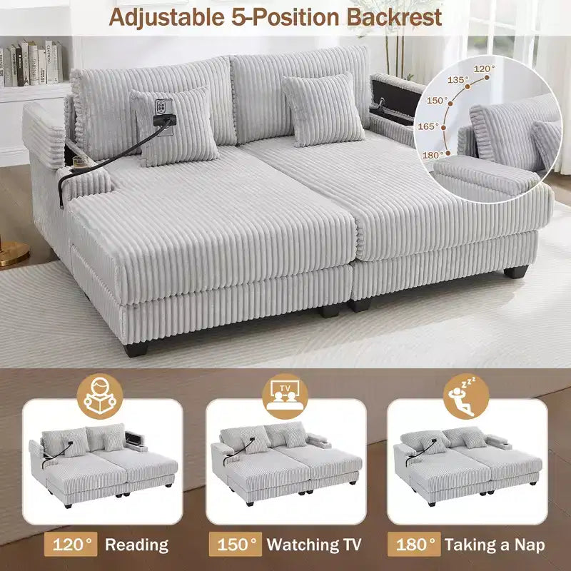 Chaise Lounge Sofa with Built-In Storage, Cup Holders & Phone Holder
