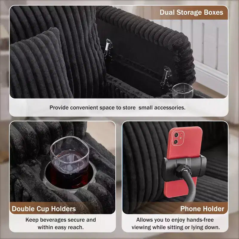 Chaise Lounge Sofa with Built-In Storage, Cup Holders & Phone Holder